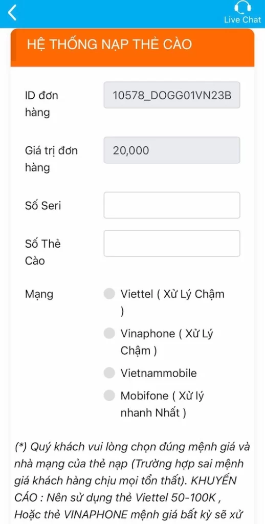 Nạp Tiền Thẻ Cào